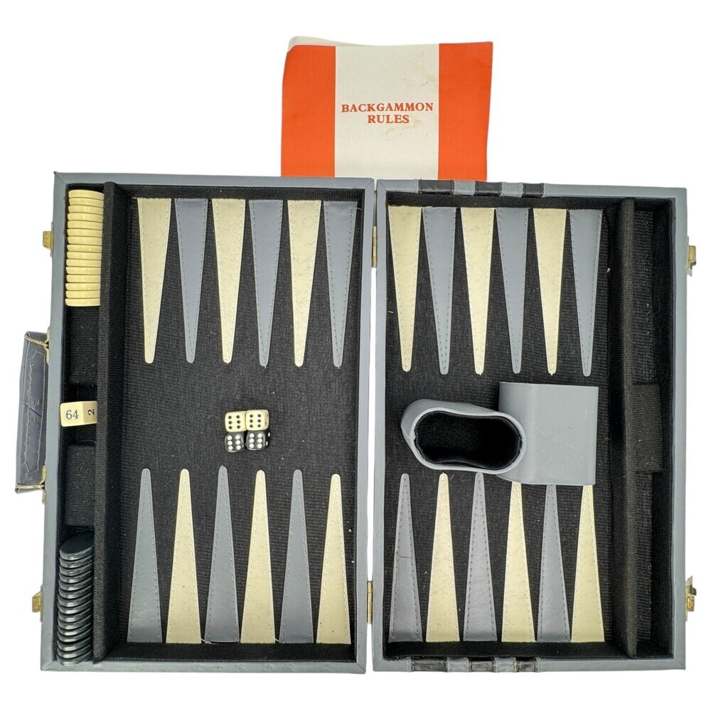 Backgammon Set Black White Checkers Grey Leatherette Case Complete Rules VTG - Picture 3 of 5